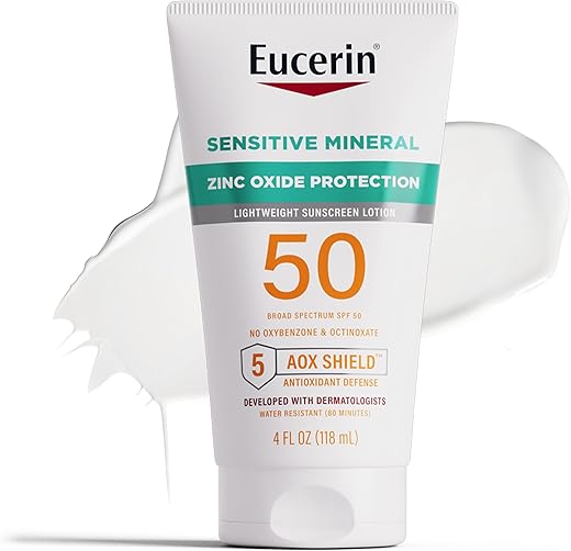 Eucerin Sun Sensitive Mineral Sunscreen Lotion Spf 50, Hypoallergenic, Fragrance Free Sunscreen With Zinc Oxide Protection, 4 Fl Oz Tube