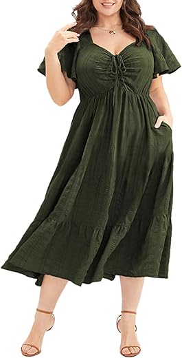 Eytino Womens Plus Size Summer Dress Short Sleeve Sweetheart Neck Ruffle Tiered Maxi Long Dresses(1X-5X)