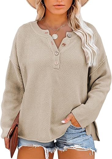 Eytino Womens Plus Size Sweaters Casual Long Sleeve Loose V Neck Button Henley Tops Pullover Knit Jumpers,(1X-5X)