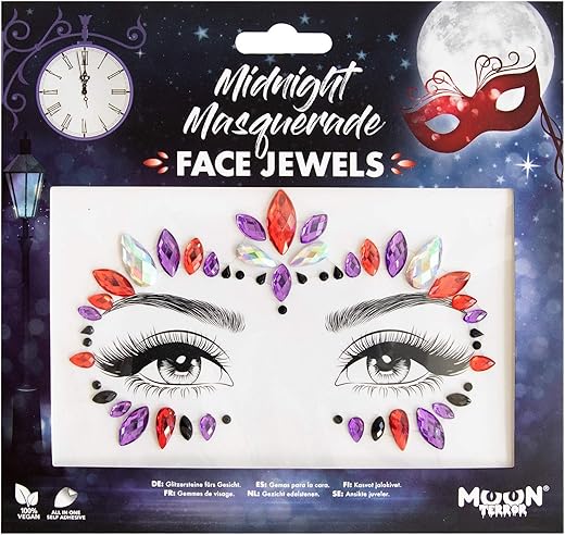 Face Jewels By Moon Terror - Festival Face Body Gems, Sfx Make Up, Crystal Make Up Eye Glitter Stickers, Temporary Tattoo Jewels, Special Effects Make Up (Midnight Masquerade)