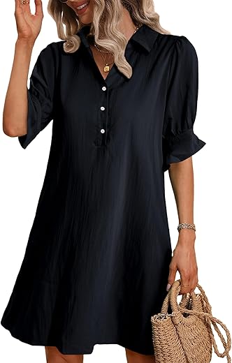 Fensace Womens Casual Shirt Dress Ruffle Sleeve Solid Color Button Down Shift Summer Dress With Pockets