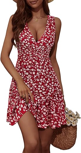 Fensace Women'S Summer Sleeveless Sexy Wrap V Neck Floral Sundress Mini Dress