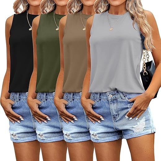 Ficerd 4 Pack Women'S Sleeveless Tops, Casual Summer Loose Fit T Shirts Solid Color Tunic Tank Tops Ladies' Crew Neck Tee