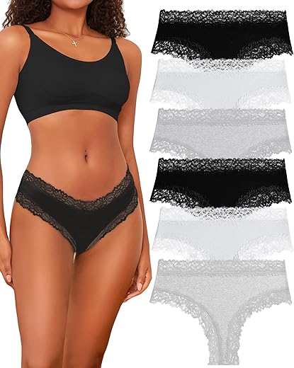 Finetoo Womens Cotton Underwear Sexy Lace Hipster Panties Soft Breathable Cotton Brazilian Bikini Ladies 6 Pack