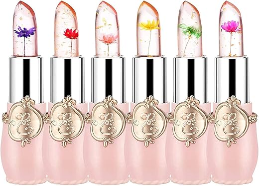 Firstfly Pack Of 6 Crystal Flower Jelly Lipstick, Long Lasting Nutritious Lip Balm Lips Moisturizer Magic Temperature Color Change Lip Gloss (Pink)