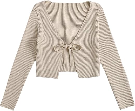 Floerns Women'S Tie Front Long Sleeve Rib Knit Shrug Sweaters Cardigan Crop Top