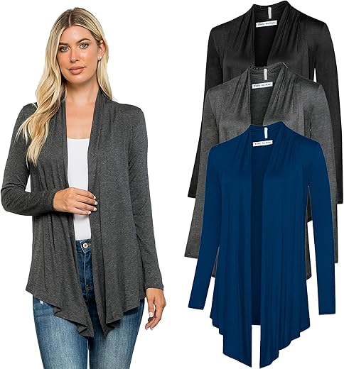 Free To Live 3 Pack Long Sleeve Cardigan For Women Open Front Dressy Casual Fall Draped Lightweight Sweaters Cover Up Shrugs