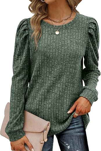 Geifa Sweaters For Women Lightweight Crewneck Puff Sleeve Tunic Tops Loose Fit Fashion 2023