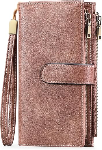 Goiacii Womens Wallets Large Capacity Credit Card Holder Rfid Wallet Women Double Zipper Pocket Leather Bifold Ladies Wristlet Clutch Wallet