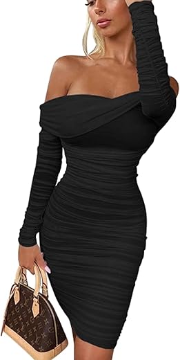 Gokatosau Women'S Sexy Elegant Ruffle Long Sleeve Off Shoulder Ruched Party Mini Dress