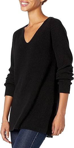 Goodthreads Women'S Cotton Shaker Stitch Deep V-Neck Sweater