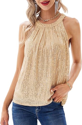 Grace Karin Sequin Halter Tops For Women Sleeveless Sparkly Shiny Tank Tops Ruched Flowy Sparkly Club Outfits Party Shirt