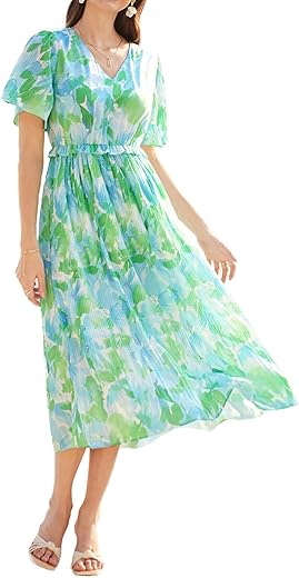 Grace Karin Women'S 2024 Summer Boho Floral Dress Casual V Neck Short Flutter Sleeve Dress Flowy Pleated Beach Dress