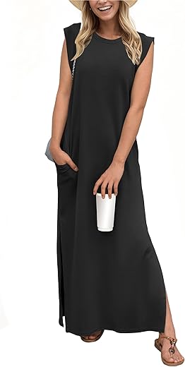 Grecerelle 2024 Women Summer Crew Neck Casual Loose Split Wrinkle-Free Long Maxi Beach Dress With Pockets