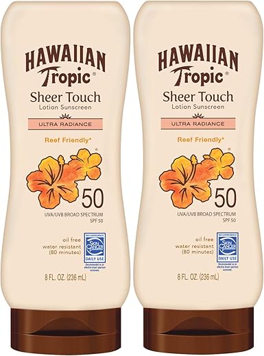 Hawaiian Tropic Sheer Touch Ultra Radiance Lotion Sunscreen Spf 50, 8Oz Twin Pack | Hawaiian Tropic Sunscreen Spf 50, Sunblock, Oxybenzone Free Sunscreen, Body Sunscreen Pack, 8Oz Each