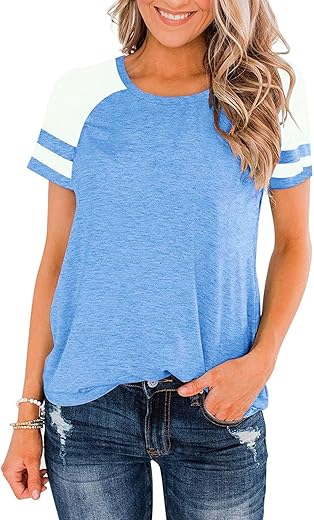 Heymiss Womens Shirts Casual Tunic Tops Color Block Crewneck Summer Loose Fitting Workout Tee Shirts