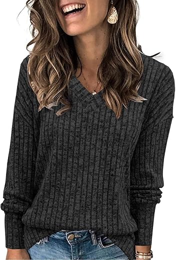 Heymiss Womens Sweatshirts V Neck Long Sleeve Shirts Loose Casual Fall Fashion Sweaters S-2Xl