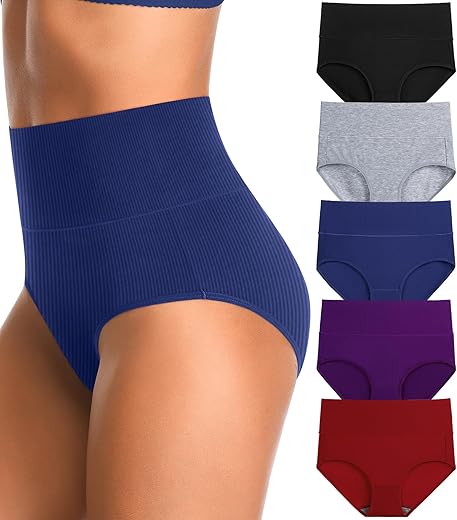 High Waisted Womens Underwear Cotton Tummy Control Threaded Postpartum Essentials Full Coverage Panties Stretch Briefs