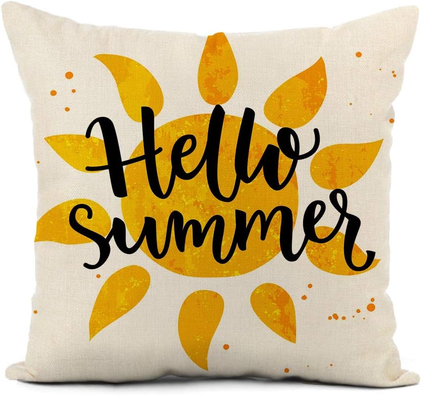 Home Decor Linen Throw Pillow Cover 18X18 Inch Hello Summer Sun And Lettering Sunny For Beach Party Pillowcase Cushion Cover For Sofa Couch