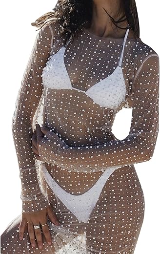 Honganda Sexy Women'S Sheer Mesh Pearl Rhinestone Cover Up Dress Beach Swimwear Bikini Bathing Suit Coverups