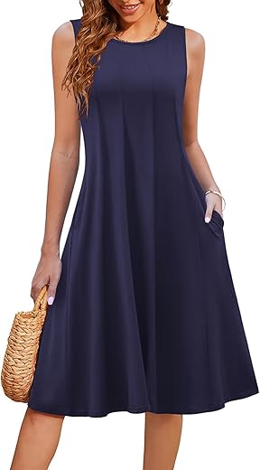 Hotouch Summer Casual Dresses For Women Sleeveless Midi Dress Swing Tank Sundress Pleated Tshirt Dress With Pockets