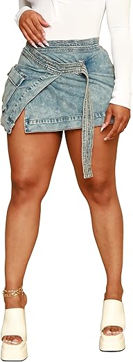 Htd Women'S Mini Denim Skirts Sexy Short Jean Skirt Irregular With Pockets