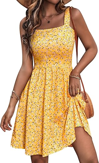 Huhot Women'S Summer Casual Square Neck Dress With Pocket Cute Sleeveless High Waist A-Line Sundress Midi Dresses 2024