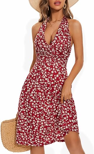 Huhot Women'S Summer Sundress Sleeveless Halter Neck Spring Boho Floral With Pocket Elastic Waist Ruffle Mini Dresses 2024