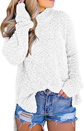 Imily Bela Womens Fuzzy Knitted Sweater Sherpa Fleece Side Slit Full Sleeve Jumper Outwears