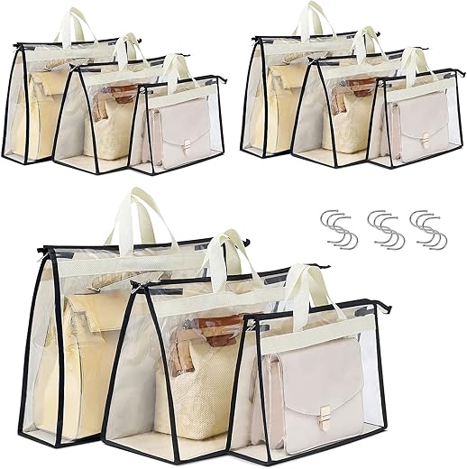 Interesse 9 Pack Dust Bags For Handbags, Clear Handbag And Purse Storage Organizer For Hanging Closet With Zipper, Handles And Hook