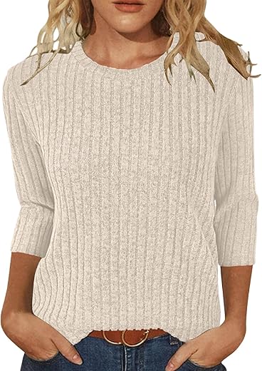 Jomedesign Sweaters For Women 3/4 Sleeve Tops Round Neck Loose Casual Blouses