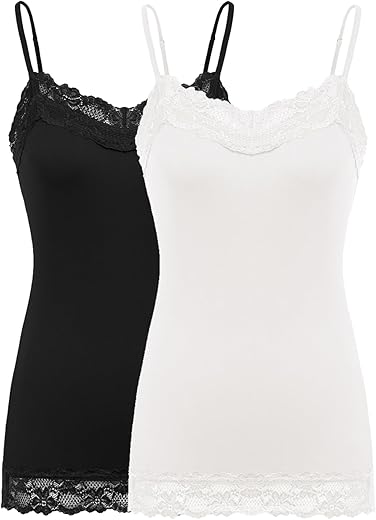 Kate Kasin Women'S Adjustable Spaghetti Strap Lace Trim Cami Tunic Tank Top 2Pack