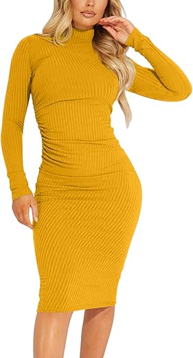 Kaximil Women'S Ribbed Basic Casual Midi Dress Long Sleeve Bodycon Ruched Club Dresses