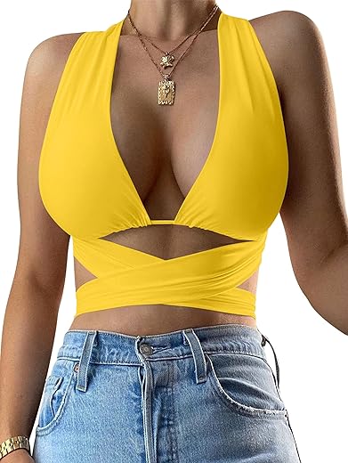 Kaximil Women'S Sexy Sleeveless Halter Criss Cross Cami Lace Up Self Tie Tank Crop Tops