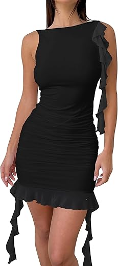 Kaximil Women'S Sexy Sleeveless Mini Party Dress Ruffle Ruched Backless Club Short Dresses