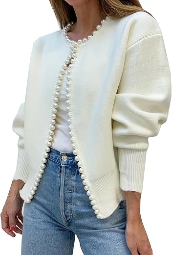 Kedera Womens Casual Cardigan Sweater Elegant Long Sleeve Oversized Pullover Knit Sweater With Pearls