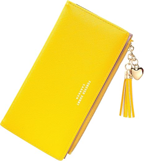 Kotora Womens Slim Wallet Girls Thin Wallets Pretty Mini Long Card Holder Small Tiny Clutch Zip Purse Love Pendant Tassels Billfold (Yellow)