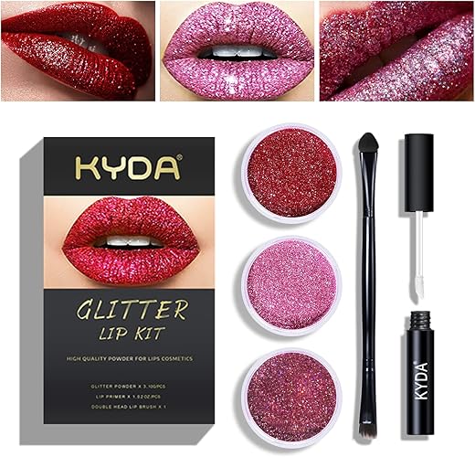 Kyda 3 Colors Glitter Lip Kit, Diamond Metllic High Pigmented Powder For Lips Cosmetics, Glitter Lips Makeup,With Lip Primer And Brush, Long Wear-Set A