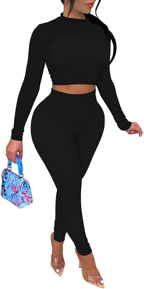 Lagshian Women'S Sexy 2 Piece Outfits Jumpsuit Set Long Sleeve Crop Top High Waist Pant