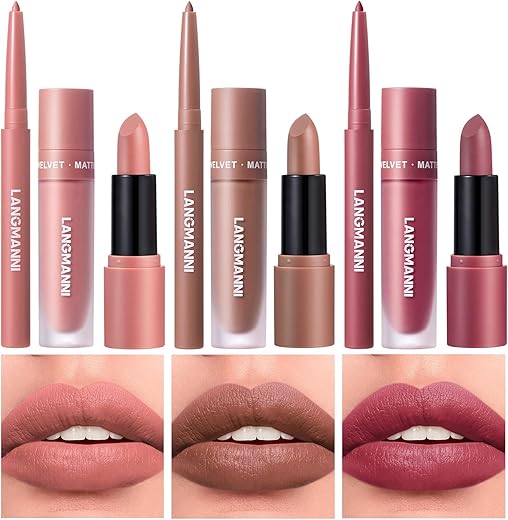 Langmanni 3 In 1 Matte Velvet Lipstick Set-Lip Liner,Lip Gloss And Lipstick Combo,Perfect For Natural Lip Contour,Waterproof And Longlasting Effect Lip Makeup,Unique Festival Gift (#01+03+05)