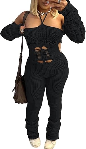 Letsvdo Women'S Sexy Knit Ribbed Jumpsuit Bodycon Backless Hollow Tube Halter Sweater Club Romper Outfits Stacked Pants