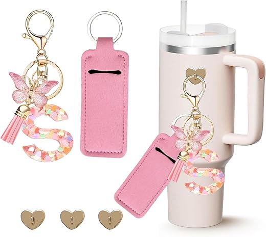 Letter Charm Accessories For Stanley Cup With Mini Hooks &Amp; Lipstick Chapstick Holder &Amp; Tassel Butterfly Cute Initial Name Id Keychain Compatible With Stanley Tumbler 40Oz For Women Girls, S