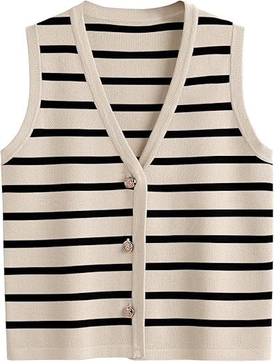 Lillusory Vest Tops For Women Striped Sweater Vest 2024 Fall Crochet Cropped Button Up Work Tank Top Outfits Y2K Clothes