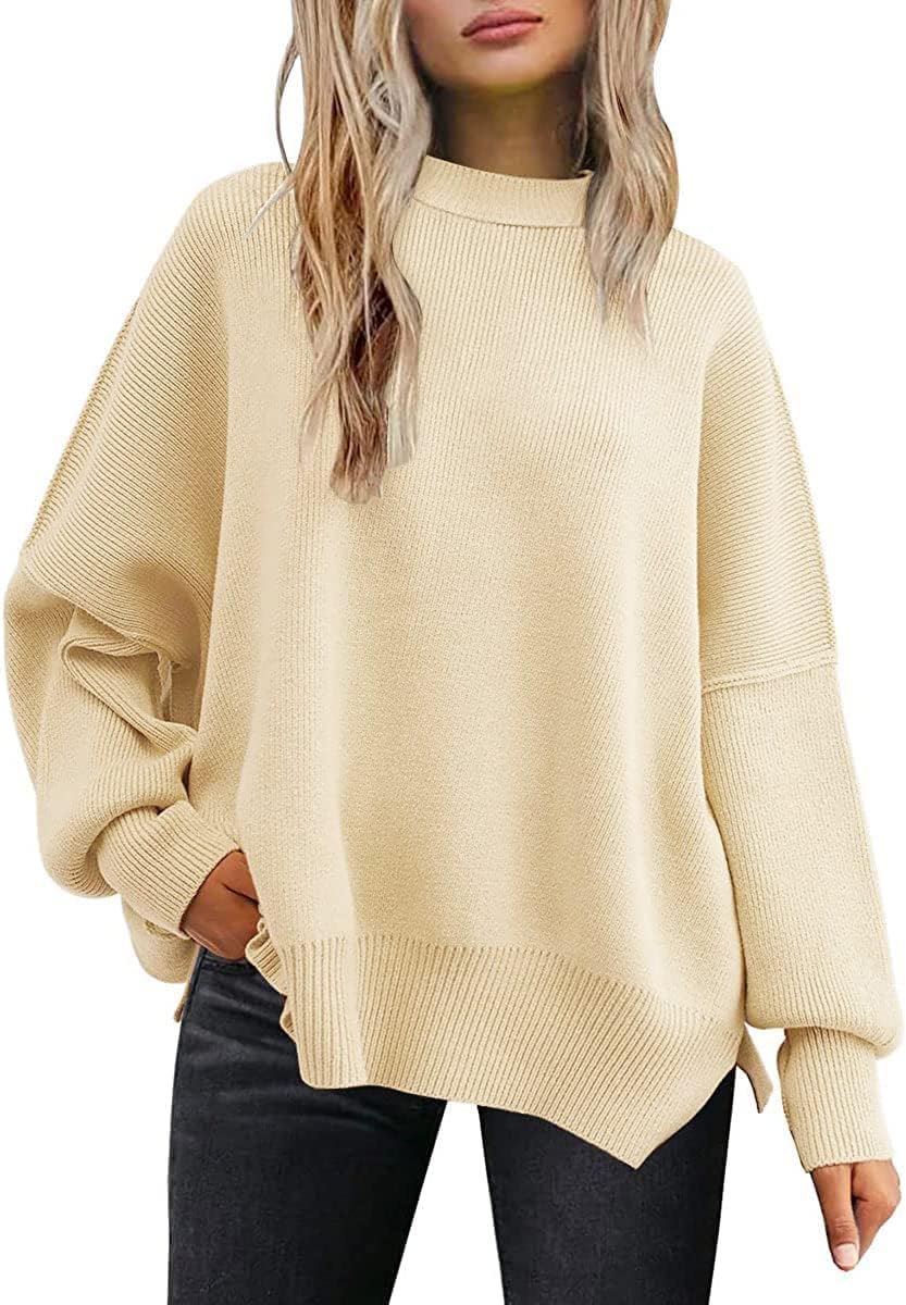 Lillusory Women'S Oversized Batwing Sweaters 2024 Fall Outfits Crewneck Ribbed Knit Side Slit Trendy Pullover Tops