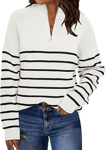 Lillusory Women'S Quarter Zip Striped Oversized Sweater Mock Turtleneck Pullover Fall Fashion Outfit Winter Trendy Clothes