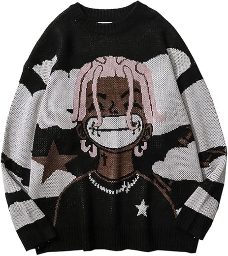 Long Sleeve Crewneck Anime Rapper Knit Sweater Harajuku Hip Hop Rap Vintage Knitted Sweater Streetwear