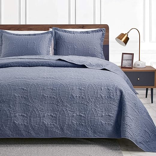 Love'S Cabin Quilts For Queen Bed Blue Bedspreads - Soft Bed Summer Quilt Lightweight Microfiber Bedspread- Modern Style Coin Pattern Coverlet For All Season - 3 Piece (1 Quilt, 2 Pillow Shams)