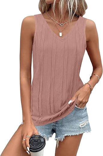 Luyaa Women'S Summer V Neck Tank Tops Casual Textured Sleeveless Shirts Loose Basic Tanks