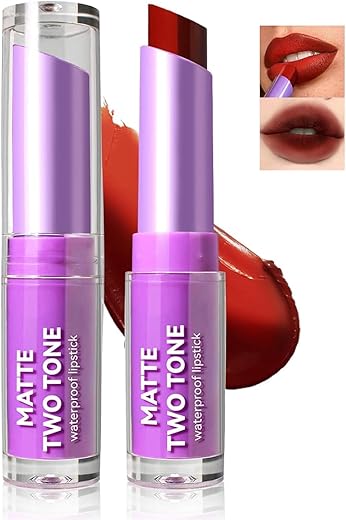 Matte Red Lipstick For Women, 2 In 1 Two-Tone Lipstick Long Lasting Moisturize Non-Sticky Bitten Lip-Look Lip Makeup, Silk Finish Matte Lipstick, High Pigment Lip Waterproof Lipstick For Women (#08)