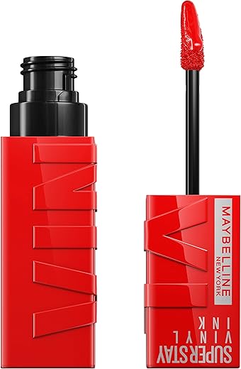 Maybelline Super Stay Vinyl Ink Longwear No-Budge Liquid Lipcolor Makeup, Highly Pigmented Color And Instant Shine, Red-Hot, Fire Engine Red Lipstick, 0.14 Fl Oz, 1 Count